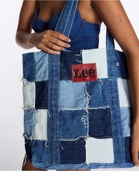 Lee Patchwork Denim Tote in Blue with Red Logo